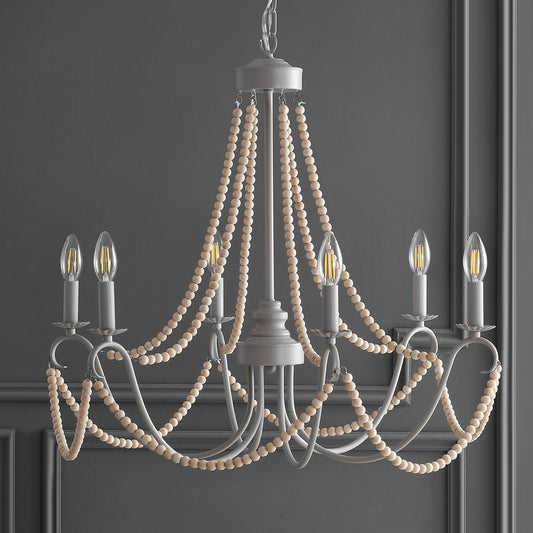 Rustica Light Adjustable Greige Metal/Wood Bead LED Chandelier